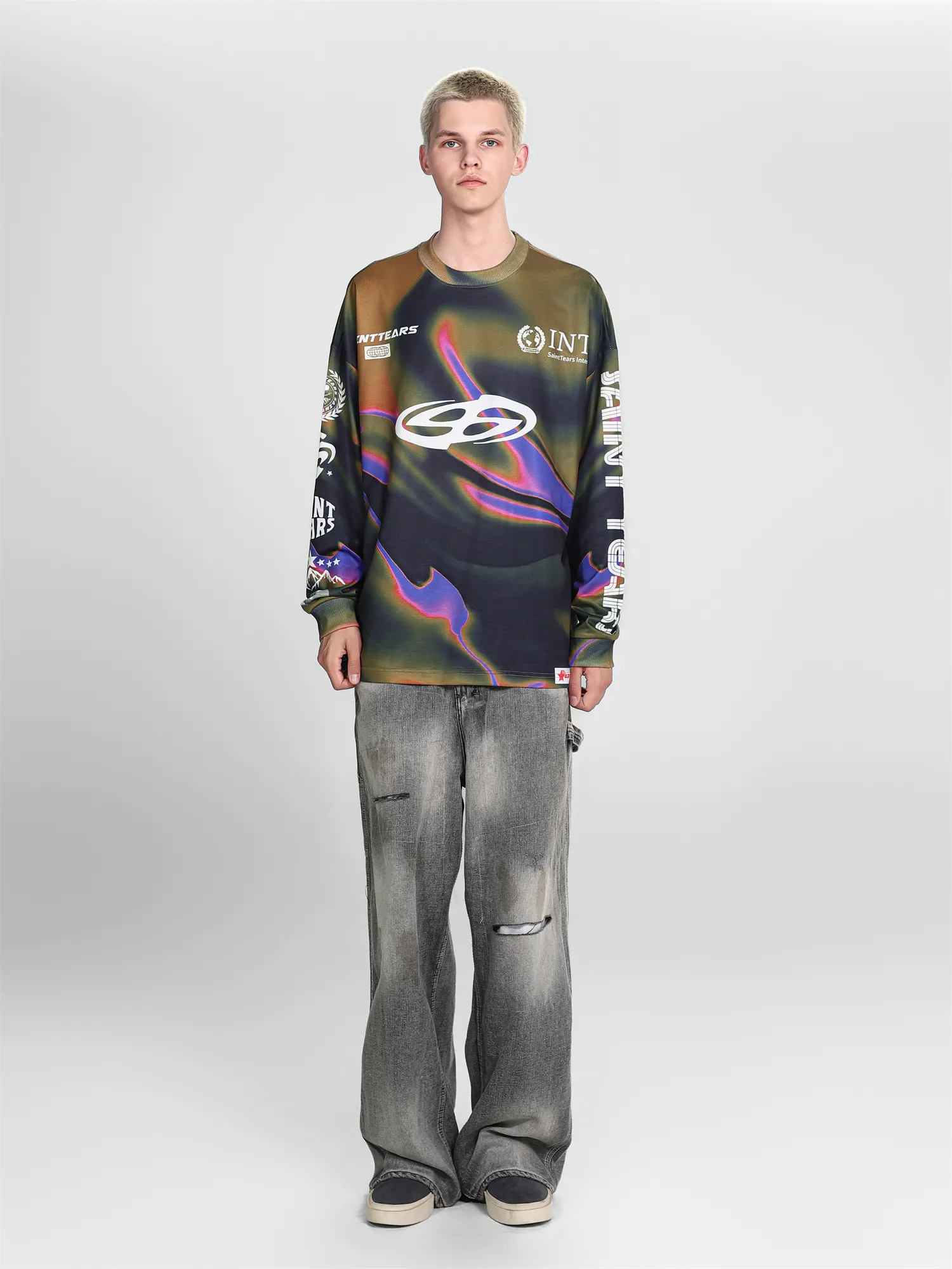 Saint michael tears all-over printed long-sleeved vintage autumn and winter T-shirt Style number: 119 Size: M L XL Wholesale price: 136 Color: blue yellow